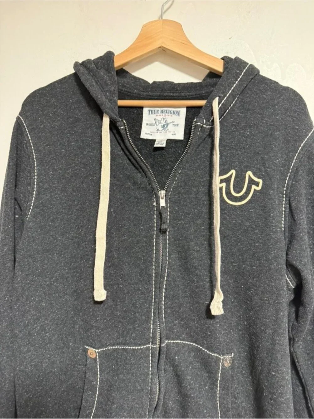 True Religion Zip-Up Hoodie Charcoal Gray Contrast Stitch Logo Size Large